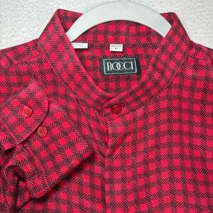 Bocci Silk Button Shirt Men L Red Buffalo Check Geometric Banded Collar Luxury